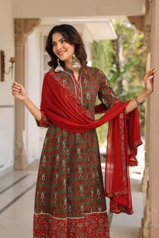 Women Ethnic Motifs Printed Regular Pure Cotton Kurta with Trousers & With Dupatta