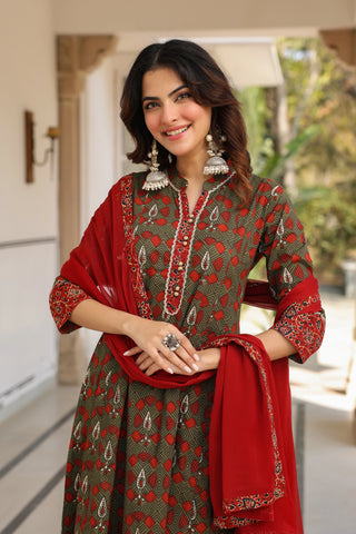 Women Ethnic Motifs Printed Regular Pure Cotton Kurta with Trousers & With Dupatta