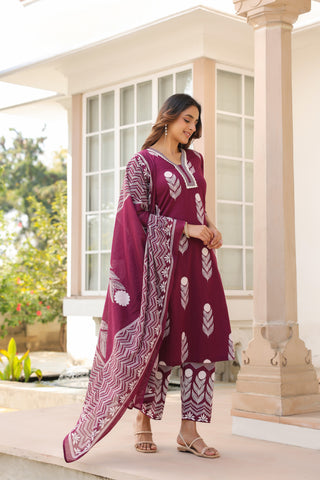 Ethnic Motifs Printed Pure Cotton Kurta with Trousers & With Dupatta