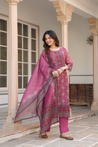 Women Ethnic Motifs Printed Regular Sequinned Chanderi Cotton Kurta with Trousers & With Dupatta