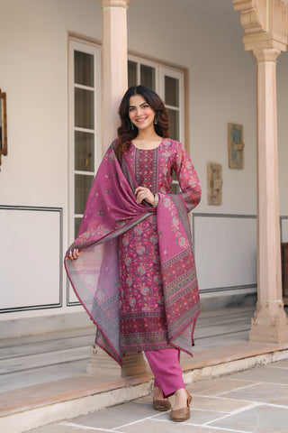 Women Ethnic Motifs Printed Regular Sequinned Chanderi Cotton Kurta with Trousers & With Dupatta