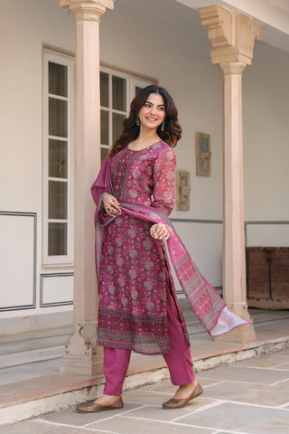 Women Ethnic Motifs Printed Regular Sequinned Chanderi Cotton Kurta with Trousers & With Dupatta