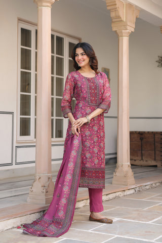Women Ethnic Motifs Printed Regular Sequinned Chanderi Cotton Kurta with Trousers & With Dupatta