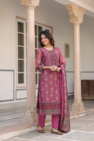 Women Ethnic Motifs Printed Regular Sequinned Chanderi Cotton Kurta with Trousers & With Dupatta