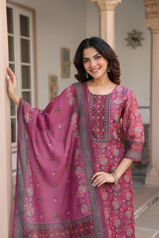 Women Ethnic Motifs Printed Regular Sequinned Chanderi Cotton Kurta with Trousers & With Dupatta