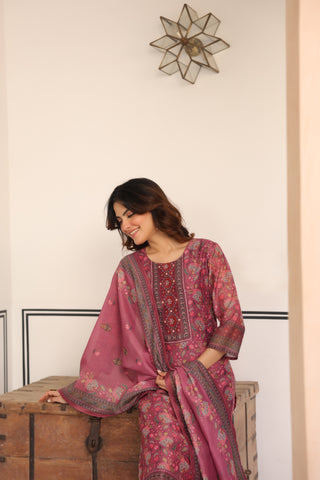 Women Ethnic Motifs Printed Regular Sequinned Chanderi Cotton Kurta with Trousers & With Dupatta