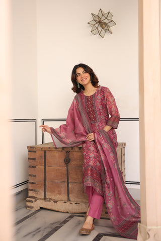 Women Ethnic Motifs Printed Regular Sequinned Chanderi Cotton Kurta with Trousers & With Dupatta