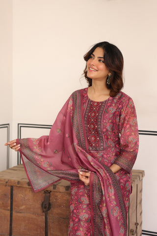 Women Ethnic Motifs Printed Regular Sequinned Chanderi Cotton Kurta with Trousers & With Dupatta