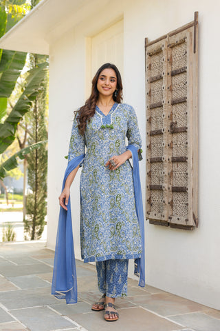 Women Ethnic Motifs Printed Regular Pure Cotton Kurta with Trousers & With Dupatta