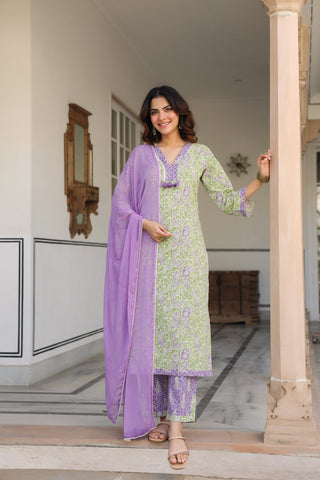 Women Ethnic Motifs Printed Regular Pure Cotton Kurta with Trousers & With Dupatta