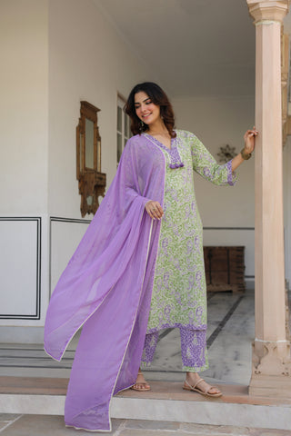Women Ethnic Motifs Printed Regular Pure Cotton Kurta with Trousers & With Dupatta