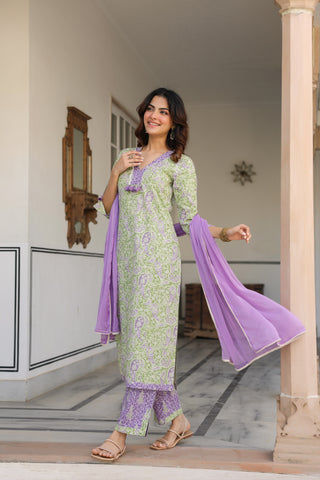 Women Ethnic Motifs Printed Regular Pure Cotton Kurta with Trousers & With Dupatta