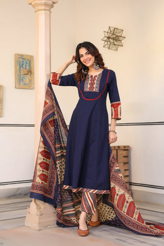 Blue Solid 3-Piece Kurta Set