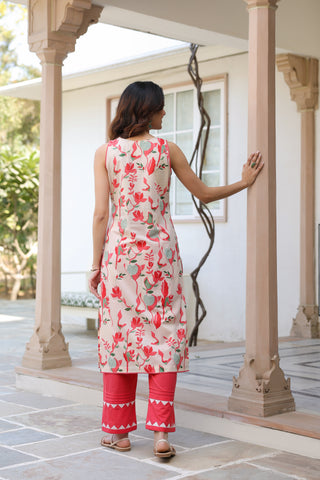 Women Printed Regular Thread Work Pure Cotton Kurta with Trousers & With Dupatta