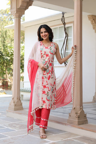 Women Printed Regular Thread Work Pure Cotton Kurta with Trousers & With Dupatta
