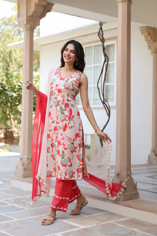 Women Printed Regular Thread Work Pure Cotton Kurta with Trousers & With Dupatta