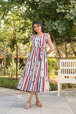 Beige Striped Fit & Flare Dress