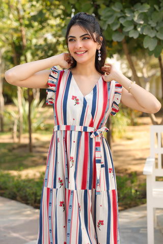 Beige Striped Fit & Flare Dress