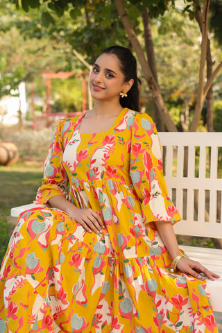 Printed Square Neck Fit and Flare Ethnic Dresses