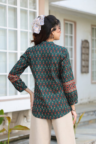 Print Mandarin Collar Cotton Top