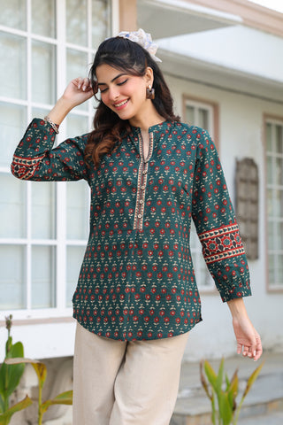 Print Mandarin Collar Cotton Top