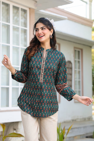 Print Mandarin Collar Cotton Top