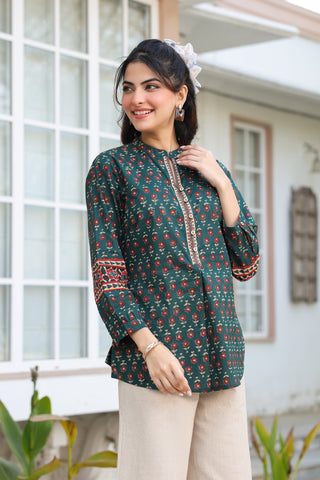 Print Mandarin Collar Cotton Top