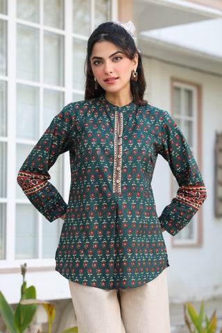 Print Mandarin Collar Cotton Top