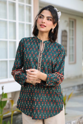 Print Mandarin Collar Cotton Top