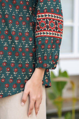 Print Mandarin Collar Cotton Top