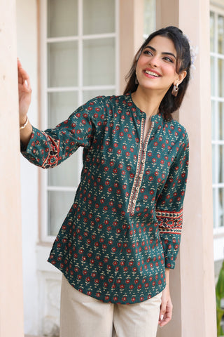 Print Mandarin Collar Cotton Top