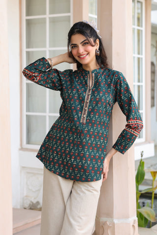 Print Mandarin Collar Cotton Top