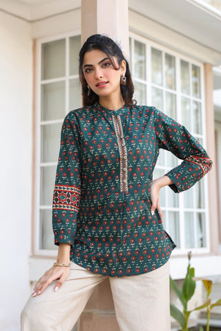 Print Mandarin Collar Cotton Top