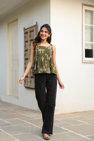 Green Abstract Print Fit & Flare Top