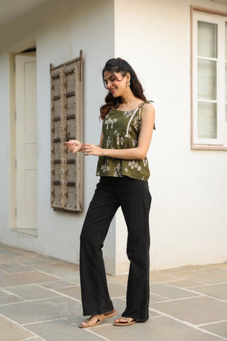 Green Abstract Print Fit & Flare Top