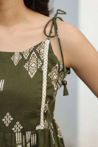 Green Abstract Print Fit & Flare Top