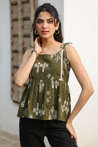 Green Abstract Print Fit & Flare Top