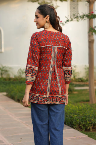 Maroon Ethnic Motif Print Lace Top