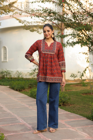 Maroon Ethnic Motif Print Lace Top