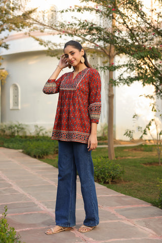 Maroon Ethnic Motif Print Lace Top