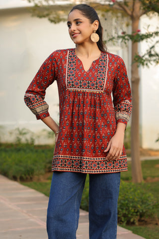 Maroon Ethnic Motif Print Lace Top