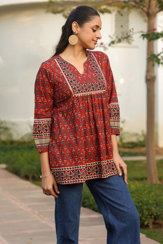 Maroon Ethnic Motif Print Lace Top