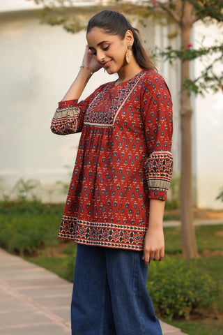 Maroon Ethnic Motif Print Lace Top