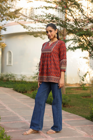 Maroon Ethnic Motif Print Lace Top