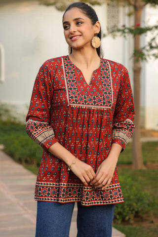 Maroon Ethnic Motif Print Lace Top