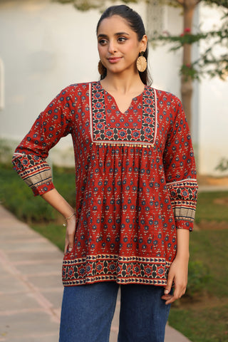 Maroon Ethnic Motif Print Lace Top