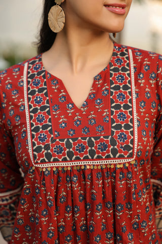 Maroon Ethnic Motif Print Lace Top