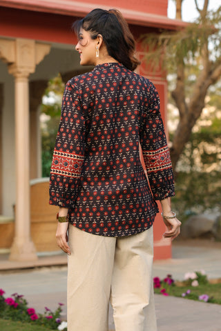 Print Mandarin Collar Cotton Top