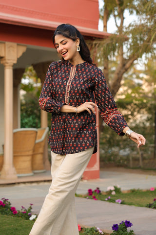 Print Mandarin Collar Cotton Top