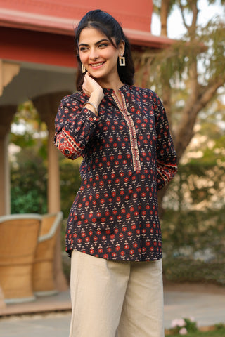 Print Mandarin Collar Cotton Top